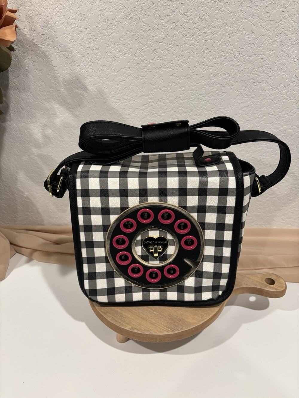 Betsey Johnson XOXO Telephone Rotary Dial Crossbody Bag –Black & White Checkered